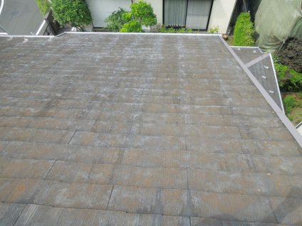 屋根に経年劣化による色褪せ、苔、汚れが確認できます。