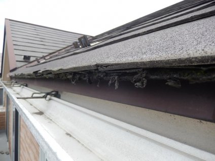 屋根材がミルフィーユのように層間剥離しているのが確認できます。この状態では塗装をしてもすぐに剥離してしますので、屋根はカバー工法を提案させて頂きました。