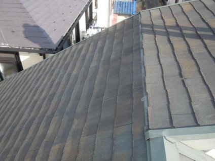 屋根に、経年劣化による色褪せ、苔・塵埃などの汚れ、ひび割れなどが確認できます。