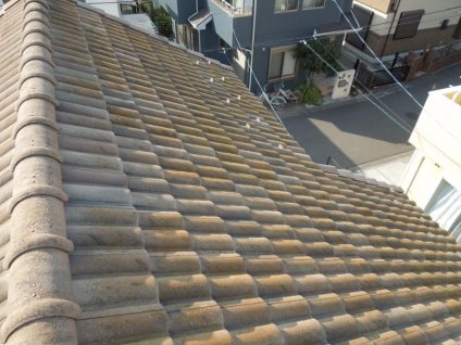 屋根に、経年劣化による色褪せ、苔・塵埃による汚れ、漆喰部のひび割れなどが確認できます。