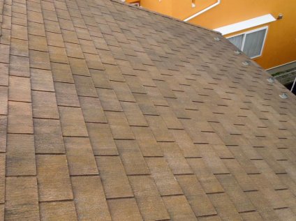 屋根に、経年劣化による色褪せ、苔・塵埃などによる汚れ、塗膜剥離、シール部の劣化などが確認できます。