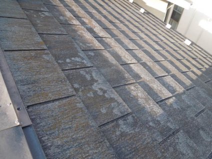 屋根に経年劣化による色褪せや苔、汚れなどが確認できます。