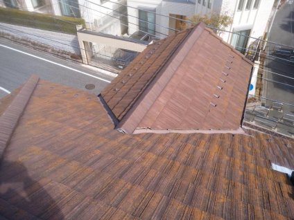 屋根に、経年劣化による色褪せ、苔・塵埃による汚れ、ひび割れなどが確認できます。