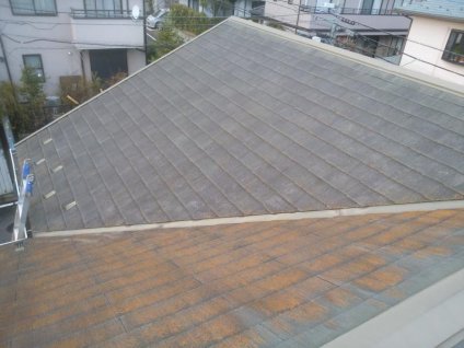 屋根に、経年劣化による色褪せ、苔・塵埃などによる汚れ、ひび割れなどが確認できます。