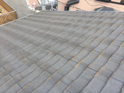 屋根に、経年劣化による色褪せ、塗膜剥離、苔・塵埃などによる汚れ、板金部の錆などの劣化が確認できます。