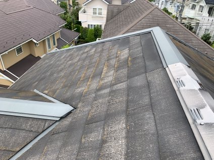 屋根を目視調査したところ、長期にわたる紫外線、温冷差、雨水、酸性ガス、風などの影響によって、退色や苔、クラックなどの劣化現象が見られ、適切な補修が必要です。