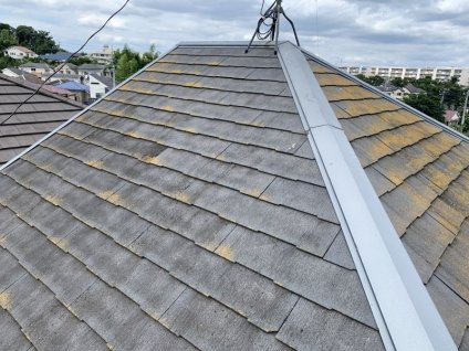 屋根を目視調査したところ、長期にわたる紫外線、温冷差、雨水、酸性ガス、風などの影響によって、退色や剥離を引き起こしています。