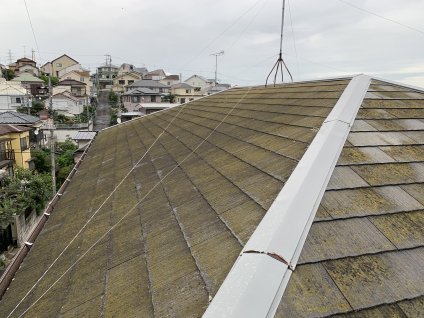 屋根を目視調査したところ、長期にわたる紫外線、温冷差、雨水、酸性ガス、風などの影響によって、
退色や苔、クラックなどの劣化現象が見られます。